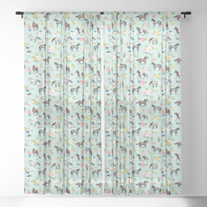 Horses and Flowers, Mint Blue, Watercolor Floral, Equestrian Decor, Horse Art Sheer Curtain