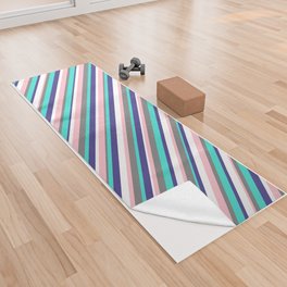 [ Thumbnail: Vibrant Gray, Pink, White, Dark Slate Blue & Turquoise Colored Striped Pattern Yoga Towel ]