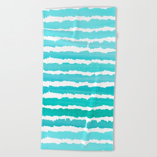 Maritime pattern- aqua handpainted stripes on clear white- horizontal Beach Towel