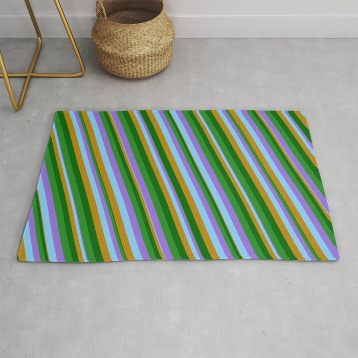Vibrant Purple, Light Sky Blue, Dark Goldenrod, Dark Green, and Forest Green Colored Lines Pattern Rug