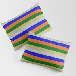 [ Thumbnail: Vibrant Dark Khaki, Grey, Blue, Chocolate, and Dark Green Striped/Lined Pattern Pillow Sham ]
