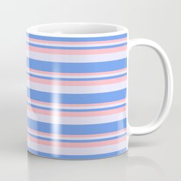 [ Thumbnail: Cornflower Blue, Light Pink & Lavender Colored Stripes Pattern Coffee Mug ]