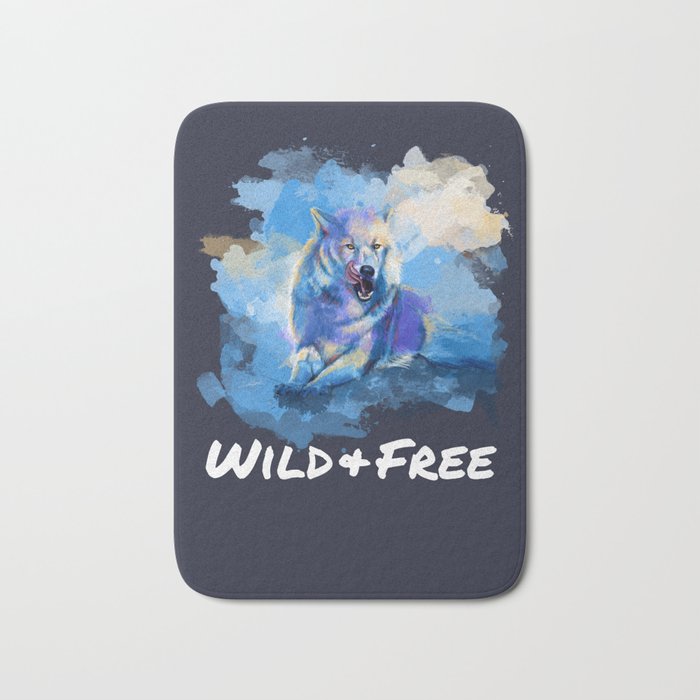 Wild and Free - Wolf illustration, quote Bath Mat