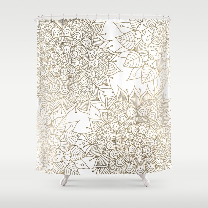 Elegant Faux Gold White Spiritual Fl Mandala Shower Curtain By Elegant Faux Gold White Spiritual Fl Mandala Shower Curtain