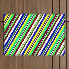 [ Thumbnail: Maroon, White, Blue, Yellow & Green Colored Striped Pattern Outdoor Rug ]