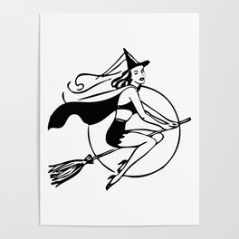 Witch on Broomstick | Retro Witch | Vintage Witch | Pretty Witch | Witches | Halloween | Poster