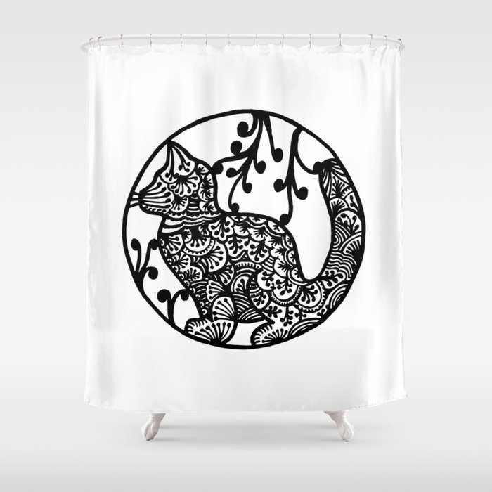 Boho Cat Ilration Black And White Paisley Shower Curtain