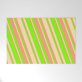 [ Thumbnail: Beige, Light Salmon & Chartreuse Colored Stripes Pattern Welcome Mat ]