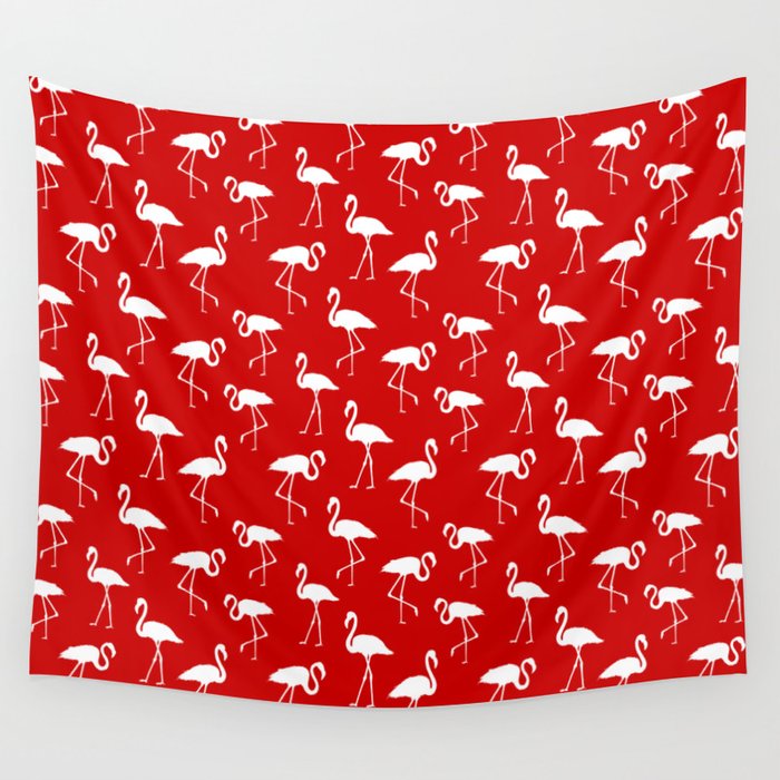 White flamingo silhouettes seamless pattern on red background Wall Tapestry