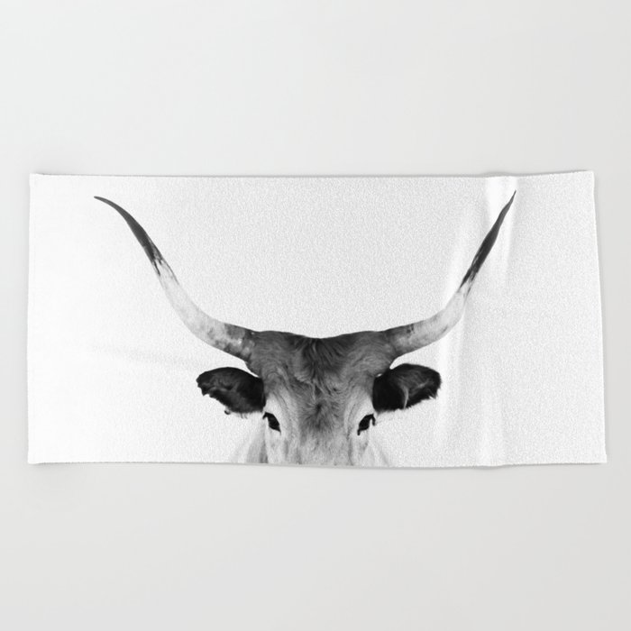 Wild Longhorn Cow Print - Black White Cow Portrait - Animal - Travel photograpy Beach Towel
