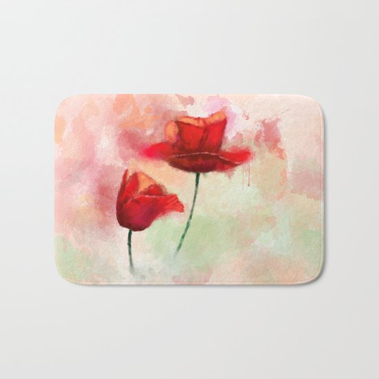 Red Poppy watercolor painting Bath Mat