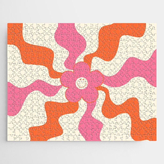 Happy Retro Daisy - Pink, Orange and Cream Jigsaw Puzzle