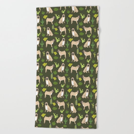 Pug Cactus succulent southwest cute children fur baby pug dog art pet portrait funny animals Beach Towel