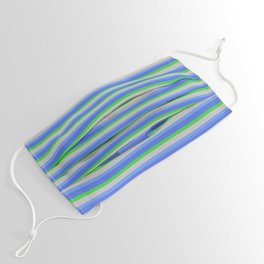 [ Thumbnail: Cornflower Blue, Royal Blue, Lime Green & Grey Colored Striped/Lined Pattern Face Mask ]