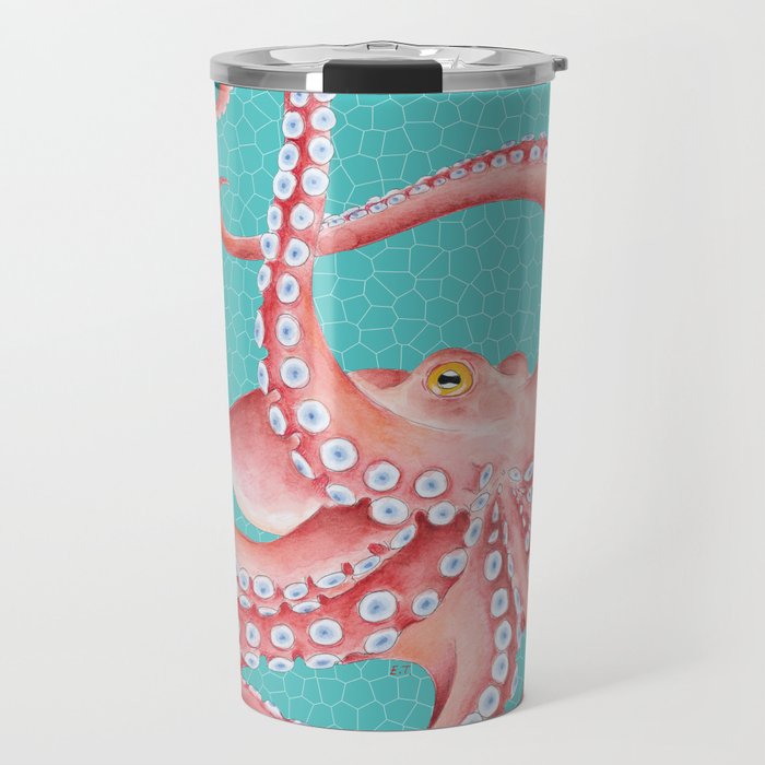 Red Octopus Teal Watercolor Stained Glass Travel Mug