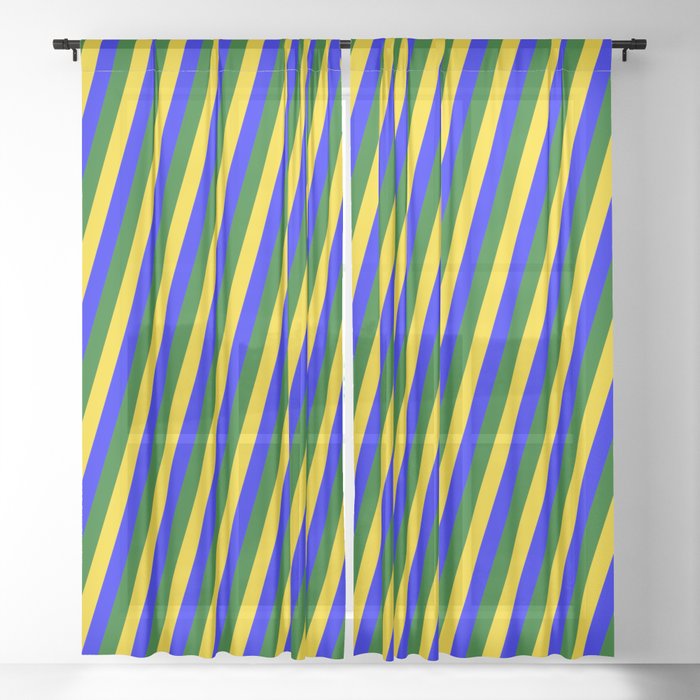 Yellow, Blue & Dark Green Colored Lines Pattern Sheer Curtain