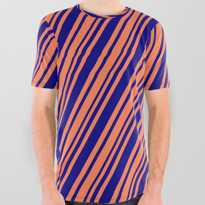 Coral and Blue Colored Striped Pattern All Over Graphic Tee
