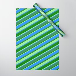 [ Thumbnail: Light Green, Blue, Sea Green, and Green Colored Stripes Pattern Wrapping Paper ]