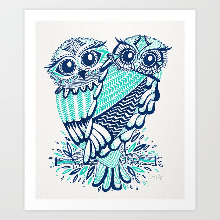 Owls - Turquoise & Navy Art Print