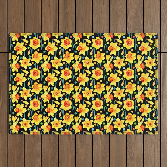 Yellow Daffodils with a Black Background Outdoor Rug