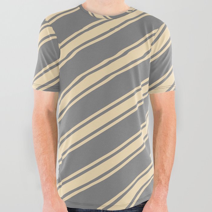 Grey & Tan Colored Pattern of Stripes All Over Graphic Tee