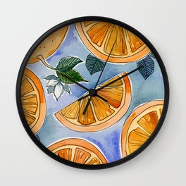 Oranges - Blue Background - Pen and Ink - Watercolor - Orange Blossoms Wall Clock