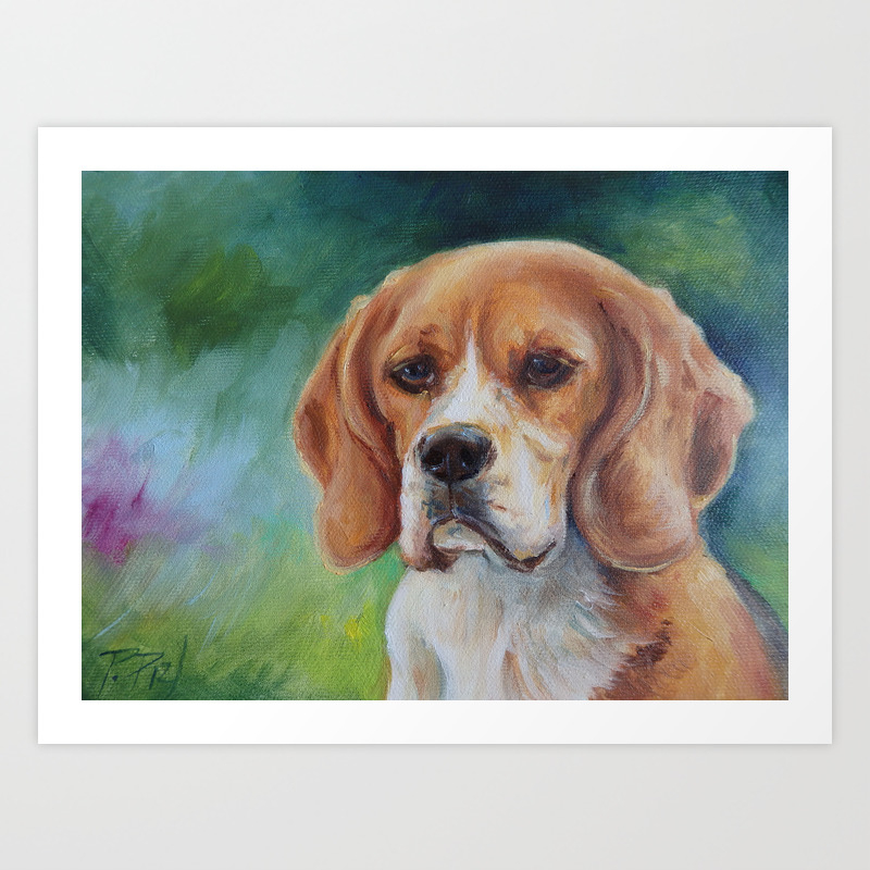 Beagle Cute Dog Portrait Oil Painting On Canvas Decor For Pet Lover Green Background Art Print By Canisart Society6