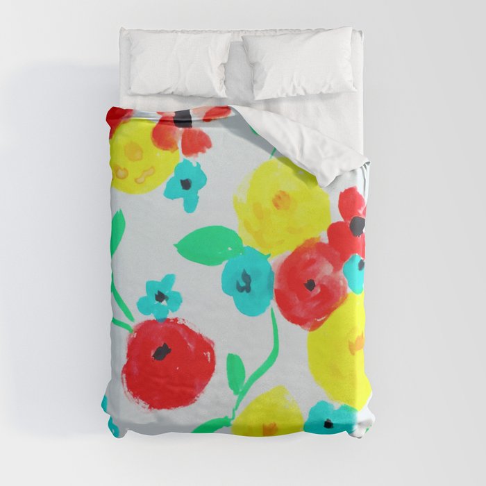 Bright Floral in Red, Yellow and Turquoise Duvet Cover