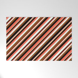 [ Thumbnail: Red, Mint Cream, Brown, and Black Colored Striped/Lined Pattern Welcome Mat ]