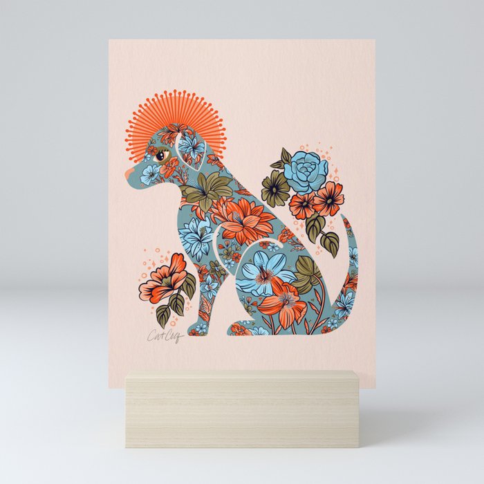 Porcelain Floral Dog – Blue & Coral Mini Art Print