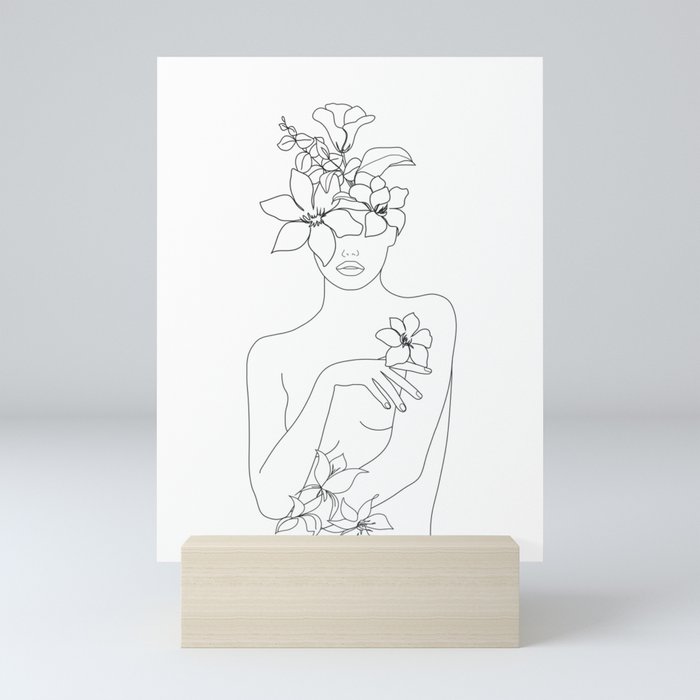 Minimal Line Art Woman with Flowers IV Mini Art Print
