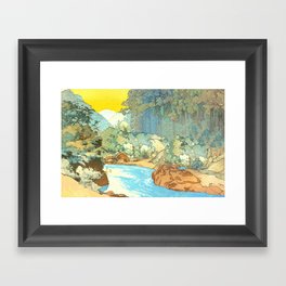 River at Hiko Resting - Nature Ukiyo Landscape in Yellow, Red, Green & Blue Framed Art Print