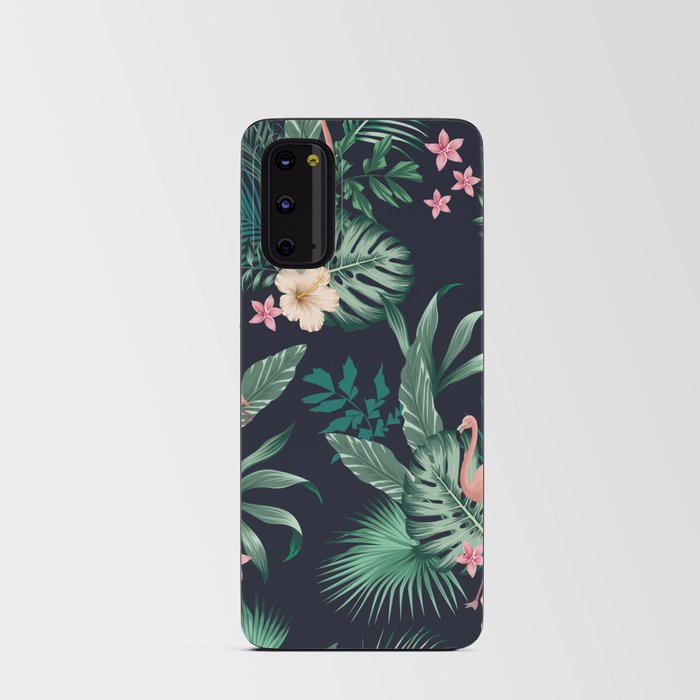  seamless tropical pattern with lush foliage, flowers, pink flamingos. Exotic floral design with monstera leaves, areca palm leaf, hibiscus, frangipani.  Android Card Case