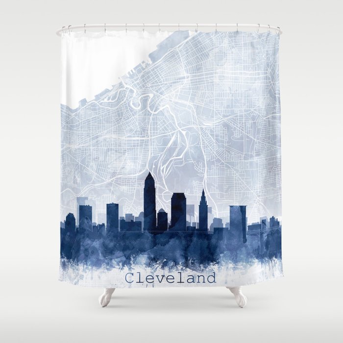 Cleveland Skyline & Map Watercolor Navy Blue, Print by Zouzounio Art Shower Curtain