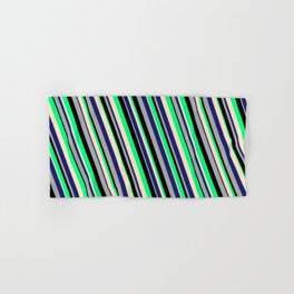 [ Thumbnail: Eyecatching Green, Bisque, Midnight Blue, Dark Grey, and Black Colored Lines/Stripes Pattern Hand & Bath Towel ]