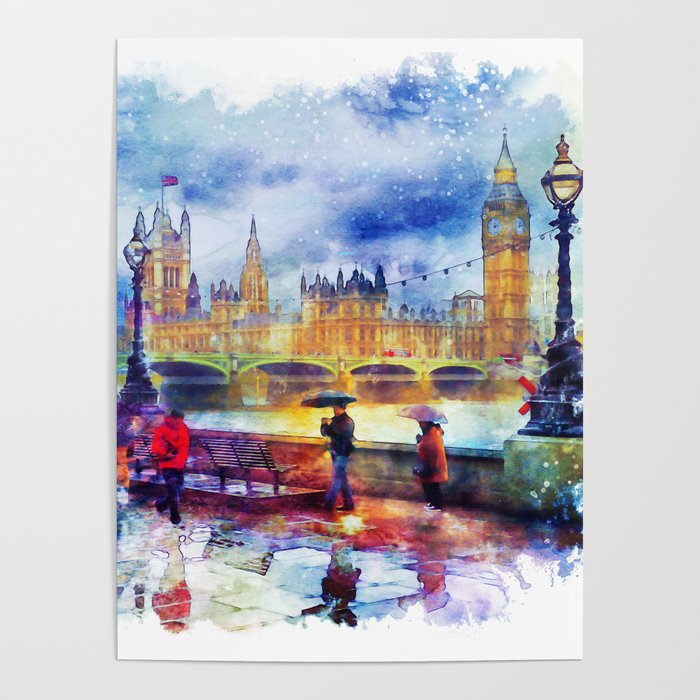 London Rain watercolor Poster