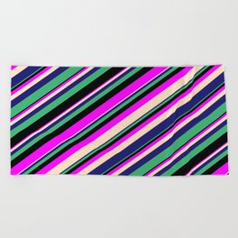 [ Thumbnail: Eyecatching Fuchsia, Bisque, Midnight Blue, Sea Green & Black Colored Lines/Stripes Pattern Beach Towel ]