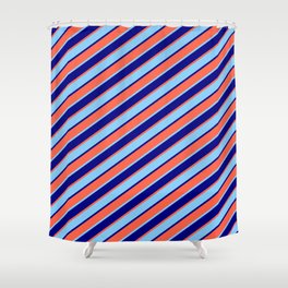 [ Thumbnail: Blue, Red & Light Sky Blue Colored Stripes/Lines Pattern Shower Curtain ]