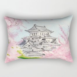 Himeji Castle , Art Watercolor Painting print by Suisai Genki , cherry blossom , Japanese Castle Rectangular Pillow
