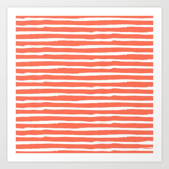 Thin Stripes White on Deep Coral Art Print