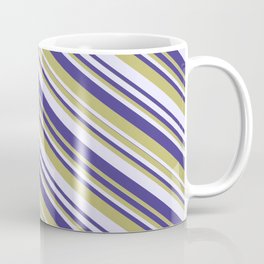[ Thumbnail: Dark Slate Blue, Dark Khaki & Lavender Colored Striped Pattern Coffee Mug ]