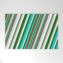 [ Thumbnail: Eyecatching Dark Turquoise, Brown, Light Gray, White & Dark Green Colored Lined Pattern Welcome Mat ]