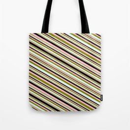 [ Thumbnail: Green, Light Cyan, Tan, Black, and Pink Colored Stripes Pattern Tote Bag ]