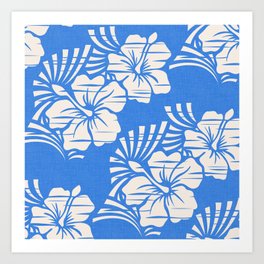 Hawaiian Block Print / Hibiscus Flowers in Cream and Azure Blue Art Print