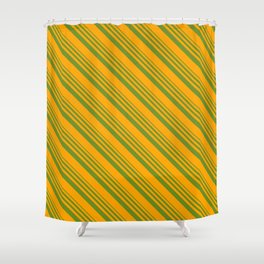 [ Thumbnail: Green and Orange Colored Lines/Stripes Pattern Shower Curtain ]