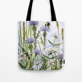 Thistles Daisies and Wildflowers Watercolor Tote Bag