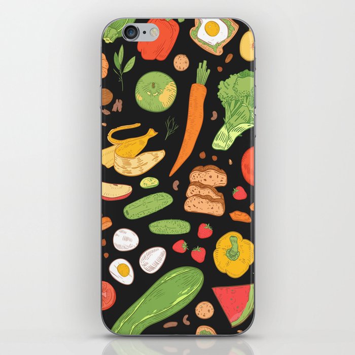 Seamless pattern with dietary food, wholesome grocery products, natural organic fruits, berries and vegetables on black background. Hand drawn realistic vintage illustration iPhone Skin