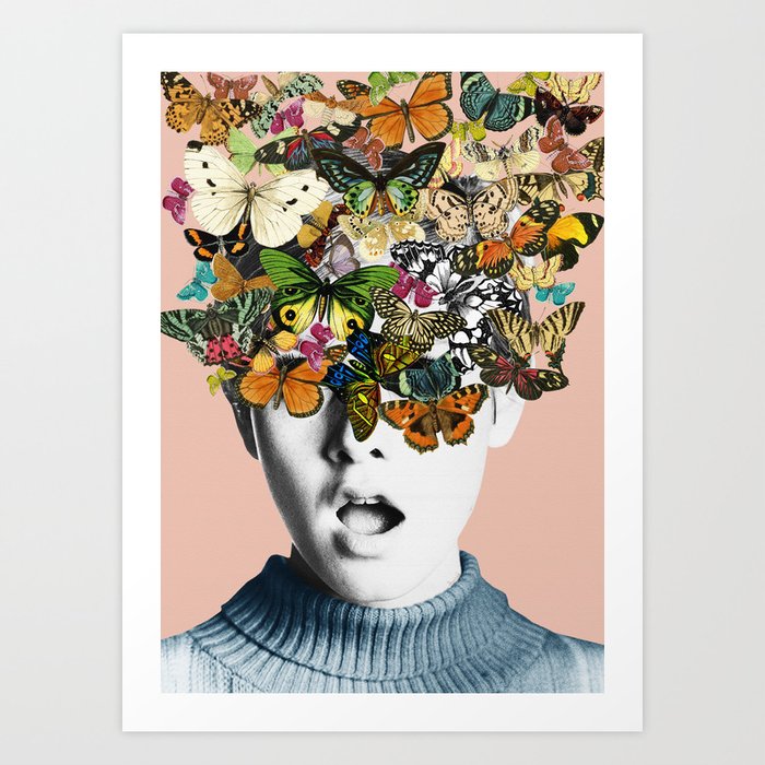 Twiggy Surprise Butterflies Kunstdrucke | Collage, Digital, Twiggy, Butterfly, Surprise, Rose, Floral, Pink, Cute, Teen