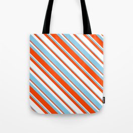 [ Thumbnail: Sky Blue, Red & White Colored Stripes/Lines Pattern Tote Bag ]