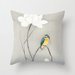 Kingfisher sitting on a lotus flower - Vintage Japanese Woodblock Print Art Throw Pillow